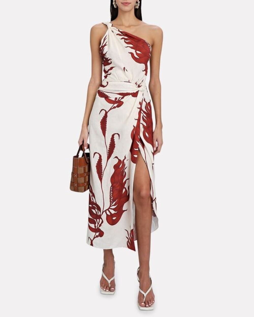 Johanna Ortiz Southern Pacific Midi Dress XS Ivory Red Linen One Shoulder